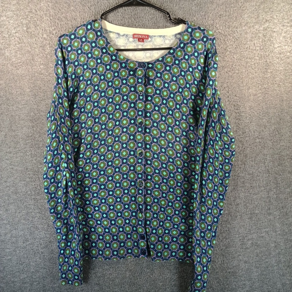 Merona Cardigan Women L Blue Green Turquoise Pink Geometric Bright Button‎ Up